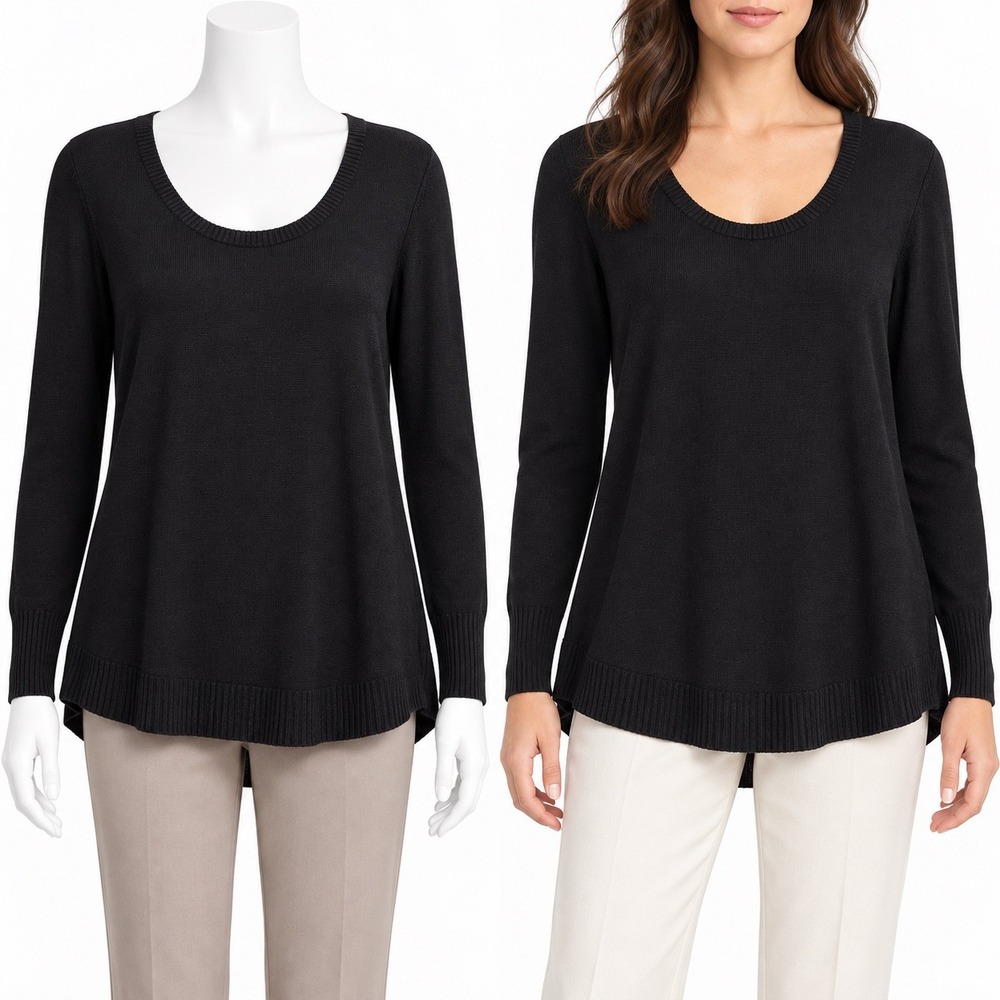 H by Halston Sweater Womens L Black Scoop Neck Swing Hem Quiet Luxury Minimalist